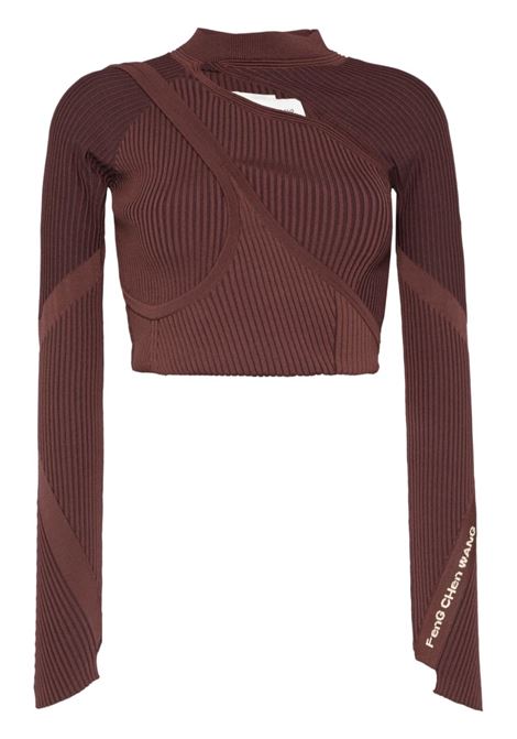 Brown slash-neck knitted top Feng chen wang - women